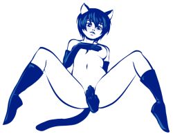 Rule 34 | 1girl, animal ears, atlus, blue eyes, blue hair, blue theme, blush, boots, breasts, cat ears, cat tail, covering privates, covering breasts, covering crotch, cubesona, elbow gloves, gloves, kemonomimi mode, matching hair/eyes, monochrome, navel, nude, persona, persona 4, shin megami tensei, shirogane naoto, short hair, solo, spread legs, tail