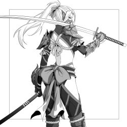Rule 34 | 1girl, arm guards, armor, back, bare back, black872233196, border, character request, floating hair, highres, holding, holding sword, holding weapon, huge weapon, long hair, looking at viewer, mask, monster hunter, monster hunter: world, monster hunter (series), mouth mask, pauldrons, rope, shimenawa, shoulder armor, sidelocks, simple background, solo, sword, weapon, white background