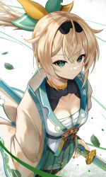 Rule 34 | 1girl, blonde hair, breasts, chest sarashi, cleavage, closed mouth, green eyes, green skirt, hair between eyes, highres, holding, holding sword, holding weapon, hololive, japanese clothes, katana, kazama iroha, looking at viewer, medium breasts, pleated skirt, ponytail, sarashi, short hair, skirt, solo, sword, telu (teluscarlet), virtual youtuber, weapon