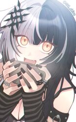 Rule 34 | 021 shiro, 1girl, black arm warmers, black dress, black hair, black nails, blush, breasts, cleavage, cup, dress, fang, grey hair, highres, holding, holding cup, hololive, hololive english, large breasts, long hair, multicolored hair, open mouth, shiori novella, shiori novella (1st costume), sleeveless, sleeveless dress, smile, split-color hair, twitter username, upper body, virtual youtuber, white hair