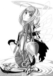 Rule 34 | 1girl, ahoge, armor, armored boots, armored dress, blush, boots, from side, full body, greyscale, kneeling, long sleeves, monochrome, original, short hair, simple background, solo, thigh boots, thighhighs, white background, wings, yuu (yuyukaikan), zettai ryouiki