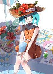 Rule 34 | 1girl, absurdres, aqua hair, bag, banana, carpet, cup, disposable cup, dolphin, drawdream1025, dress, feet out of frame, flower, food, fork, fruit, green eyes, hands on own knees, hat, hat ornament, highres, holding, ice cream, melon, monogatari (series), ononoki yotsugi, parasol, plank, plant, pool, popsicle, shell, sitting, solo, star-shaped food, star (symbol), starfruit, sun hat, sundress, tongue, tongue out, twintails, umbrella, water