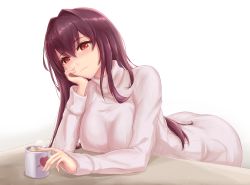 Rule 34 | 1girl, breasts, coffee mug, cup, fate/grand order, fate (series), gae bolg (fate), hair intakes, large breasts, long hair, mug, polearm, purple hair, red eyes, scathach (fate), scathach (fate), skyde kei, spear, sweater, weapon