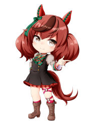Rule 34 | 1girl, animal ears, black dress, blush, boots, bow, brown eyes, brown footwear, brown hair, closed mouth, collared shirt, dress, ear bow, frilled dress, frills, full body, green bow, grey shirt, hair between eyes, hand on own hip, highres, horse ears, horse girl, horse tail, juliet sleeves, kuena, long hair, long sleeves, looking at viewer, multicolored hair, nice nature (umamusume), o-ring, puffy sleeves, purple socks, shirt, simple background, sleeveless, sleeveless dress, smile, socks, solo, standing, tail, twintails, two-tone hair, umamusume, white background