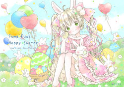 Rule 34 | 1girl, :3, ^ ^, ahoge, animal, animal ears, artist name, balloon, basket, blonde hair, blue sky, blush, blush stickers, bow, bush, closed eyes, clothing cutout, clothing request, cloud, confetti, day, dress, easter, easter egg, egg, emo (mikan), english text, floating, floating object, flower, footwear request, frilled dress, frills, grass, green eyes, grey hair, hair bow, hair flower, hair ornament, hair ribbon, happy, happy easter, heart, heart balloon, holding, holding egg, light brown hair, long hair, looking at viewer, looking up, mixed-language text, no socks, on grass, original, pastel colors, petite, pink bow, pink dress, pink footwear, pink ribbon, rabbit, rabbit ears, rabbit hair ornament, ribbon, short sleeves, sitting, sky, smile, twintails, two-tone dress, white flower, white ribbon, yellow bow