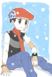 Rule 34 | 1boy, arm support, asatsuki (fgfff), black hair, closed mouth, commentary request, creatures (company), game freak, grey eyes, grey pants, hat, highres, lucas (pokemon), male focus, nintendo, orange hat, orange scarf, pants, pokemon, pokemon dppt, scarf, short hair, short sleeves, sitting, smile, snowing, solo, split mouth