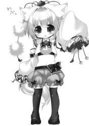 Rule 34 | 1girl, adapted costume, animal ears, arm up, black thighhighs, blush, chestnut mouth, detached sleeves, geta, greyscale, halloween, halloween costume, hat, hat ribbon, hikanyan, inubashiri momiji, long sleeves, looking at viewer, midriff, monochrome, navel, open mouth, puffy shorts, pumpkin shorts, ribbon, shirt, shorts, sleeves past wrists, solo, standing, tail, thighhighs, tokin hat, touhou, wide sleeves, wolf ears, wolf tail, zettai ryouiki