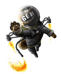 Rule 34 | 1boy, dog, flamethrower, flammenwerfer 41, full body, helmet, jetpack, konami, lowres, male focus, metal gear (series), metal gear solid, metal gear solid 3: snake eater, solo, tail, the fury, weapon, white background