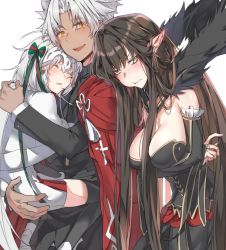 Rule 34 | 1boy, 2girls, :d, :t, amakusa shirou (fate), bare shoulders, black dress, black legwear, black shirt, blush, bow, breasts, bridal gauntlets, brown hair, cape, capelet, cleavage, closed eyes, closed mouth, commentary, crossed arms, dark-skinned male, dark skin, detached sleeves, dore (gilles dore), dress, fate/apocrypha, fate/grand order, fate (series), fur-trimmed capelet, fur trim, green bow, green ribbon, hair between eyes, hair bow, headpiece, jeanne d&#039;arc (fate), jeanne d&#039;arc alter santa lily (fate), large breasts, long hair, long sleeves, multiple girls, navel, open mouth, parted bangs, parted lips, pointy ears, pout, red cape, ribbon, semiramis (fate), shirt, silver hair, simple background, sleeping, smile, striped bow, striped ribbon, thighhighs, very long hair, white background, white capelet, white dress, yellow eyes