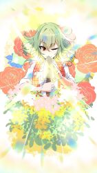 Rule 34 | 1girl, ;), absurdres, commentary request, flower, green hair, highres, itocoh, kazami yuuka, looking at viewer, one eye closed, red eyes, red flower, short hair, smile, solo, touhou, trowel, upper body