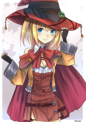 Rule 34 | 1girl, bad id, bad pixiv id, blonde hair, blue eyes, blush, bow, bowtie, breasts, cleavage, detached collar, dress, fingerless gloves, gloves, hand on headwear, hat, jacket, long hair, looking at viewer, original, red dress, short dress, smile, solo, standing, umasanjin, witch hat