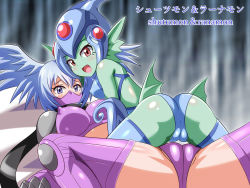 Rule 34 | 2girls, blush, breasts, cameltoe, cleft of venus, clothing cutout, digimon, embarrassed, frog girl, harpy, heigako, helmet, looking at viewer, looking back, mask, monster girl, multiple girls, navel cutout, one-piece swimsuit, ranamon, red eyes, shiny skin, shutumon, smile, swimsuit