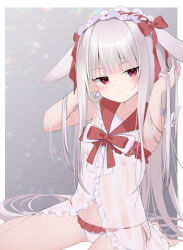 Rule 34 | 1girl, animal ears, bare arms, bare shoulders, barefoot, blush, bow, breasts, closed mouth, commentary request, dress, ear bow, frilled dress, frilled panties, frills, grey hair, hands in hair, hands up, long hair, looking at viewer, original, panties, rabbit ears, red bow, red eyes, see-through, side-tie panties, sitting, small breasts, solo, underwear, usagimiko, very long hair, wariza, white dress, white panties