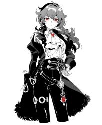 Rule 34 | 1girl, ascot, breasts, collared shirt, commentary request, ascot, diluc (genshin impact), frilled sleeves, frills, genderswap, genderswap (mtf), genshin impact, gloves, greyscale, hand on own hip, harochan, highres, jacket, long sleeves, looking at viewer, monochrome, open mouth, partially colored, red eyes, shirt, simple background, tassel, vision (genshin impact), white background