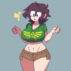 Rule 34 | 1girl, absurdres, artist request, breasts, brown eyes, brown hair, cleavage, curvy, glasses, highres, huge breasts, large breasts, looking down, midriff, navel, nintendo, open mouth, original, shirt, short hair, shorts, solo, thick thighs, thighs, triforce, wide hips
