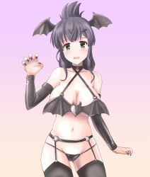 Rule 34 | 1girl, bare shoulders, bat hair ornament, black hair, black nails, blush, breasts, cleavage, gluteal fold, gradient background, green eyes, hair ornament, large breasts, long hair, looking at viewer, nail polish, navel, open mouth, short ponytail, simple background, solo, standing, toji no miko, tweela, yanase mai