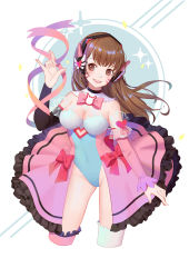 Rule 34 | 1girl, animal print, blush, bodice, bow, breasts, brown eyes, brown hair, cleavage, covered navel, cowboy shot, d.va (overwatch), duximeng, elbow gloves, facepaint, facial mark, fang, frilled skirt, frills, gloves, headphones, heart, highres, large breasts, long hair, looking at viewer, open mouth, overwatch, overwatch 1, pink bow, pink lips, pink ribbon, rabbit print, ribbon, showgirl skirt, simple background, single thighhigh, skirt, smile, solo, swept bangs, thighhighs, whisker markings, white background, white thighhighs