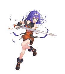 Rule 34 | 1girl, aged down, ahoge, bare shoulders, black socks, blue hair, blush, boots, broken, broken weapon, child, fingerless gloves, fire emblem, fire emblem: path of radiance, fire emblem heroes, flat chest, full body, gloves, green eyes, hairband, highres, holding, holding sword, holding weapon, leg up, long hair, looking away, mia (fire emblem), nintendo, non-web source, official alternate costume, official art, open mouth, overalls, sakura shiori, sleeveless, socks, solo, sword, torn clothes, transparent background, turtleneck, weapon