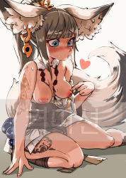 Rule 34 | 1girl, absurdres, animal ears, arm tattoo, blush, breasts, clothes, ear piercing, female focus, gpdmdmd, grey background, heart, highres, inverted nipples, long hair, looking at viewer, medium breasts, nipples, open clothes, original, piercing, pointy ears, ponytail, sitting, solo, star-shaped pupils, star (symbol), symbol-shaped pupils, tail, tattoo