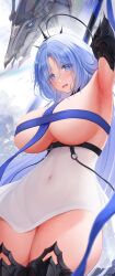 Rule 34 | 1girl, absurdres, aisuxice, alsace (azur lane), armpits, azur lane, bare shoulders, between breasts, black gauntlets, black tiara, blue eyes, blue hair, blush, breast strap, breasts, cleavage, detached collar, gauntlets, hair ornament, highres, huge breasts, long hair, looking at viewer, navel, parted bangs, ribbon, sidelocks, smile, solo, thighs, tiara, very long hair, wavy mouth