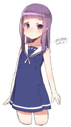 Rule 34 | 1girl, bare arms, blue dress, blush, closed mouth, collarbone, cropped legs, dated, dress, long hair, looking at viewer, maze (gochama ze gohan), original, purple eyes, purple hair, sailor collar, sailor dress, signature, simple background, sketch, sleeveless, sleeveless dress, solo, white background, white sailor collar