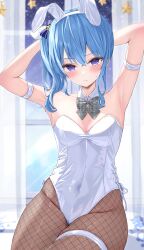 Rule 34 | 1girl, alternate costume, alternate eye color, animal ears, arm strap, armpits, arms behind head, arms up, bare shoulders, blue hair, blush, bow, bowtie, breasts, brown pantyhose, closed mouth, commentary, covered navel, detached collar, fake animal ears, fishnet pantyhose, fishnets, hairband, highres, hololive, hoshimachi suisei, leotard, looking at viewer, norio (noriosub), pantyhose, plaid, plaid bow, plaid bowtie, playboy bunny, purple eyes, rabbit ears, side ponytail, sitting, small breasts, solo, star (symbol), sweatdrop, thigh strap, v-shaped eyebrows, virtual youtuber, white hairband, white leotard, wrist cuffs
