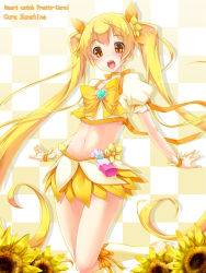 Rule 34 | 10s, 1girl, blonde hair, boots, bow, brooch, character name, copyright name, cure sunshine, flower, hair ribbon, heart, heart brooch, heartcatch precure!, long hair, magical girl, midriff, myoudouin itsuki, navel, open mouth, precure, ribbon, skirt, solo, sunflower, twintails, wrist cuffs, yellow background, yellow bow, yellow eyes, yellow skirt, yellow theme, yukinon, yukinon (tsuki koubou)