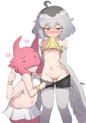 Rule 34 | 2girls, ahoge, bare shoulders, belly, bike shorts, bike shorts pull, bird legs, blush, bracelet, breasts, extra arms, eyes visible through hair, feathered wings, grey feathers, grey hair, grey wings, harpy, highres, jewelry, looking at viewer, medium hair, midriff, mono (sifserf), monster girl, mouth hold, multiple girls, navel, one eye closed, original, owl girl, pink hair, pussy, pussy juice, sifserf, simple background, small breasts, smile, sweat, velvet (sifserf), white background, winged arms, wings, yellow eyes