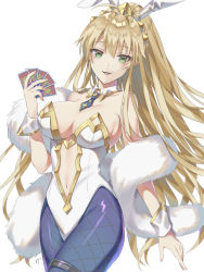 Rule 34 | 1girl, ahoge, animal ears, artoria pendragon (all), artoria pendragon (fate), artoria pendragon (swimsuit ruler) (fate), bare shoulders, blonde hair, blue necktie, blue pantyhose, blush, braid, breasts, card, cleavage, clothing cutout, detached collar, fake animal ears, fate/grand order, fate (series), feather boa, fishnet pantyhose, fishnets, french braid, green eyes, hair between eyes, highleg, highleg leotard, highres, large breasts, leotard, long hair, looking at viewer, navel, navel cutout, necktie, open mouth, oshage (osyage921), pantyhose, playboy bunny, playing card, ponytail, rabbit ears, sidelocks, smile, solo, tiara, white background, white leotard, wrist cuffs