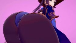 Rule 34 | 124renka, 1girl, 3d, animated, animated gif, ass, ass focus, ass shake, black hair, blush, bouncing breasts, breasts, breasts out, genshin impact, hat, huge ass, jiggle, large breasts, leotard, looking at viewer, looking back, mona (genshin impact), pantyhose, purple background, sideboob, simple background, solo, thick thighs, thighs, twintails, witch hat