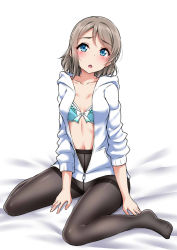 Rule 34 | 1girl, :o, bed sheet, between legs, black pantyhose, blue bra, blue eyes, blush, bra, commentary request, crotch seam, frilled bra, frills, front-hook bra, grey hair, hand between legs, hood, hoodie, jacket, long sleeves, looking at viewer, love live!, love live! sunshine!!, navel, no pants, no shoes, open clothes, open hoodie, pantyhose, sitting, solo, thighband pantyhose, underwear, unzipped, wariza, watanabe you, white background, white jacket, yopparai oni