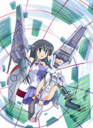 Rule 34 | 1girl, :o, bare shoulders, black hair, blue skirt, blush, cannon, detached sleeves, full body, gun, hair between eyes, hologram, looking at viewer, machinery, open mouth, os-tan, pleated skirt, skirt, solo, thighhighs, weapon, xp-tan