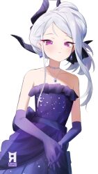 Rule 34 | 1girl, black horns, blue archive, blush, collarbone, cryne, demon horns, dress, elbow gloves, gloves, grey hair, highres, hina (blue archive), hina (dress) (blue archive), horns, jewelry, long hair, looking at viewer, multiple horns, necklace, official alternate costume, open mouth, purple dress, purple eyes, purple gloves, solo, strapless, strapless dress