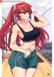 Rule 34 | 1girl, abs, alternate breast size, armpits, breasts, fire emblem, fire emblem awakening, gym, gym shorts, gym uniform, hair tie, highres, nintendo, red eyes, red hair, severa (fire emblem), shorts, sideboob, solo, sports bra, sweat, tsundere, twintails, xhaart