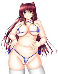 Rule 34 | 1girl, areola slip, bikini, blush, breasts, covered erect nipples, curvy, fat mons, female focus, kousaka tamaki, large breasts, long hair, looking at viewer, navel, otone, red hair, shiny skin, simple background, smile, solo, spread navel, standing, string bikini, striped bikini, striped clothes, swimsuit, thick thighs, thighs, to heart (series), to heart 2, uncensored, white background