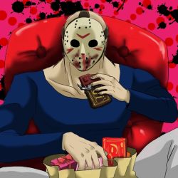 Rule 34 | 1boy, blood, candy, chocolate, friday the 13th, hockey mask, jason voorhees, male focus, mask, pixiv sample, sitting, solo, valentine