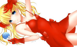 Rule 34 | 1girl, bad id, bad pixiv id, blonde hair, blue eyes, blush, bow, breasts, candy, cleavage, dress, food, gloves, hair bow, lollipop, lying, on back, original, red dress, red skirt, saikawa yusa, skirt, small breasts, smile, twintails