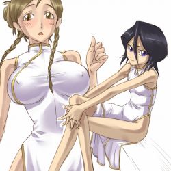 Rule 34 | 00s, 2girls, alternate hair color, bare arms, bare legs, black hair, bleach, blush, braid, breasts, brown eyes, brown hair, china dress, chinese clothes, dress, covered erect nipples, flat chest, hair between eyes, inoue orihime, kuchiki rukia, large breasts, crossed legs, long legs, looking at viewer, mosha, multiple girls, open mouth, purple eyes, side slit, sitting, twin braids