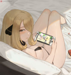 Rule 34 | 1girl, bare shoulders, bikini, black bikini, blonde hair, blush, breasts, cameo, cleavage, couch, creatures (company), cynthia (pokemon), dawn (pokemon), fur collar, game freak, grey eyes, hair ornament, hair over one eye, handheld game console, highres, holding, holding handheld game console, large breasts, long hair, looking at viewer, looking back, lsls, meta, nintendo, nintendo switch, pokemon, pokemon bdsp, pokemon dppt, sitting, solo, swimsuit, thighs, very long hair