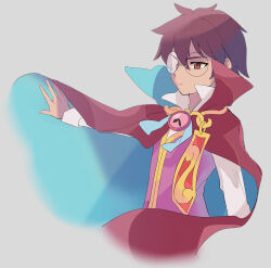 Rule 34 | 1boy, brown hair, cape, clock, closed mouth, collared cape, collared shirt, grey background, high collar, highres, kashima miyako, klug (puyopuyo), looking to the side, male focus, outstretched arm, purple vest, puyopuyo, puyopuyo fever, red cape, red eyes, round eyewear, shirt, simple background, solo, strange klug, vest, white shirt