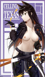 Rule 34 | 1girl, absurdres, ambience synesthesia, animal ears, arknights, black gloves, black hair, black pants, breasts, character name, colored inner hair, cowboy shot, cropped jacket, extra ears, gloves, highres, hip vent, holding, holding sword, holding weapon, long hair, long sleeves, looking to the side, medium breasts, multicolored hair, nipples, no shirt, official alternate costume, orange hair, pants, partially fingerless gloves, purple background, simple background, solo, sword, texas (arknights), two-tone hair, weapon, wolf ears, wolf girl, yellow eyes, zhadao lza