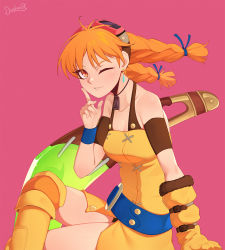 Rule 34 | 1girl, aika (eternal arcadia), bad id, bad twitter id, belt, boomerang, braid, breasts, commentary, darahan, dress, earrings, english commentary, eternal arcadia, flight goggles, gloves, goggles, jewelry, long hair, medium breasts, one eye closed, open mouth, orange hair, single glove, smile, solo, twin braids, weapon, yellow dress