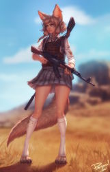 Rule 34 | 1girl, alternate universe, animal ears, blood, blood on clothes, blunt bangs, blurry, blurry background, body armor, braid, brown eyes, brown hair, day, earrings, fox ears, fox tail, gun, highres, holding, holding gun, holding weapon, jewelry, khiara (personal ami), kneehighs, lips, looking to the side, original, outdoors, personal ami, pleated skirt, savannah, shirt, short hair, side braids, signature, skirt, socks, solo, standing, tail, weapon, white shirt, white socks