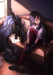 Rule 34 | 1girl, ankle boots, backpack, bag, black footwear, black gloves, black hair, blanket, blue eyes, boots, closed mouth, commentary, couch, day, dressing, gloves, gun, handgun, highres, holster, indoors, knee up, koh (minagi kou), light particles, long hair, looking away, looking to the side, m1911, mk 14 ebr, on couch, original, pantyhose, paper, pistol, purple pantyhose, purple sweater, rifle, sitting, sleeves pushed up, smartphone case, sniper rifle, solo, sunlight, sweater, watch, weapon, window, wooden floor, wristwatch