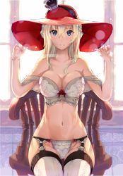 Rule 34 | 10s, 1girl, absurdres, armadillo-tokage, bad id, bad pixiv id, bare shoulders, blonde hair, blue eyes, bra, breasts, chair, cleavage, garter straps, hair between eyes, hands on headwear, hat, highres, indoors, kantai collection, large breasts, long hair, looking at viewer, navel, panties, parted lips, sitting, solo, sunlight, thighhighs, underwear, underwear only, warspite (kancolle), white bra, white panties, white thighhighs, window