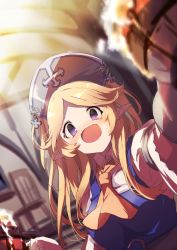 Rule 34 | 1girl, blonde hair, blue eyes, blurry, depth of field, dress, highres, long hair, looking at viewer, momiji oroshi, open mouth, pointy ears, princess connect!, solo, very long hair, yukari (princess connect!)