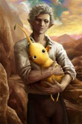 Rule 34 | 1boy, absurdres, animal, astarion, baldur&#039;s gate, baldur&#039;s gate 3, commentary, commission, crossover, dungeons &amp; dragons, english commentary, fine art parody, highres, holding, holding animal, lost lamb, mangodoodle1, nintendo, outdoors, parody, pikmin (creature), pikmin (series), pointy ears, red eyes, shirt, short hair, swept bangs, white hair, white shirt, yellow pikmin