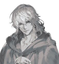 Rule 34 | 1boy, bishounen, capelet, collarbone, final fantasy, final fantasy xiv, greyscale, hair between eyes, highres, hood, hood down, hooded capelet, looking at viewer, male focus, mask, mask around neck, medium hair, melonlove, monochrome, portrait, simple background, smile, solo, themis (ff14), unworn mask, wavy hair, white background