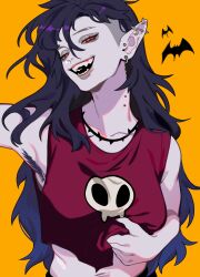 Rule 34 | 1girl, absurdres, adventure time, arm up, armpit hair, armpits, bare arms, bat (animal), black eyeshadow, crop top, ear piercing, earrings, eyeshadow, hand on own chest, head tilt, highres, jewelry, long hair, looking at viewer, makeup, marceline abadeer, messy hair, midriff, necklace, open mouth, piercing, pointy ears, porqueloin, print shirt, purple hair, red eyes, sharp teeth, shirt, shirt grab, simple background, slit pupils, smile, solo, tank top, teeth, undercut, upper body, vampire, yellow background