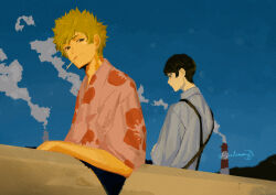 Rule 34 | 2boys, absurdres, aged down, arm rest, artist name, black hair, blue sky, brown eyes, cigarette, closed mouth, commentary, dress shirt, facing away, film grain, floral print, hawaiian shirt, highres, izu lemon, kaiki deishuu, leaning back, looking ahead, looking at viewer, looking down, male focus, monogatari (series), mouth hold, multiple boys, night, oshino meme, outdoors, pink shirt, shirt, short sleeves, sideburns, signature, sky, smoke, smokestack, spiked hair, star (sky), starry sky, suspenders, twilight, unknown blonde-haired cure (happinesscharge precure!), upper body, white shirt
